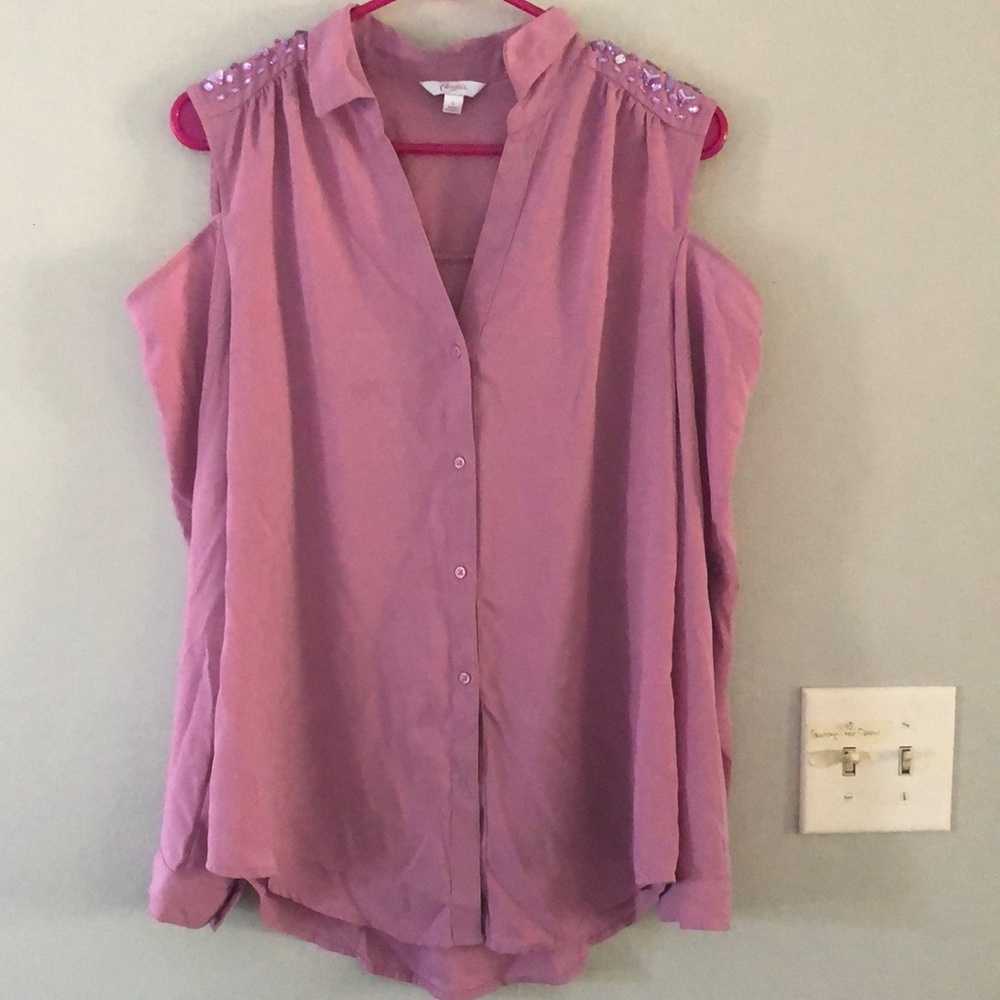 Candie’s Pink Bejeweled Shoulder Cut Out Button Up Blouse